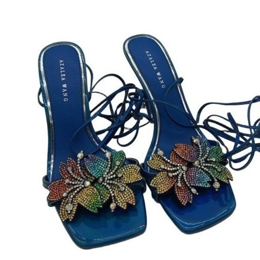 Azalea Wang Lace Up Sandals Women's Size 7 M Blue Rainbow Crystal Flower Heel